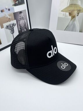 ALO Yoga Black Trucker Hat with White Logo